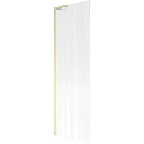 Przedstawiony jest parawan nawannowy o wymiarach 60 x 150 cm z jedną szklaną taflą, posiadający prążkowaną powierzchnię i złote, szczotkowane wykończenie. Produkt ma prostą, nowoczesną formę z widocznym złotym profilem.