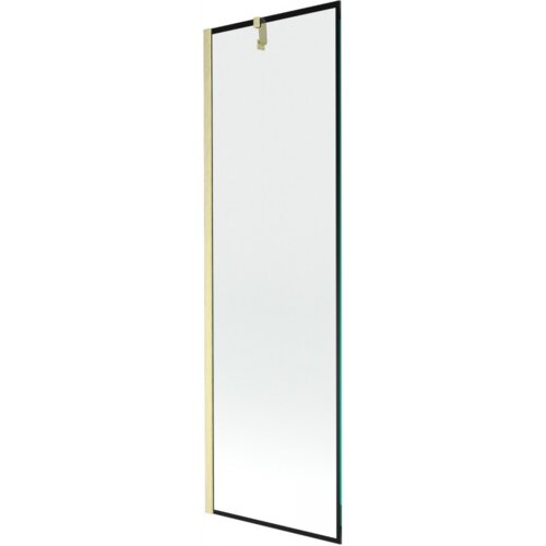 Przedstawiony jest parawan nawannowy o wymiarach 60 x 150 cm z czarną ramką i złotym szczotkowanym wykończeniem. Produkt ma prostą, nowoczesną formę z przezroczystym szkłem.