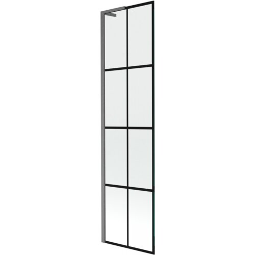Jednoskrzydłowy parawan nawannowy o wymiarach 50 x 150 cm z czarną kratką i szczotkowanym wykończeniem w kolorze gun gray. Produkt ma prostokątny kształt z metalową ramą i przezroczystymi panelami podzielonymi na osiem sekcji.