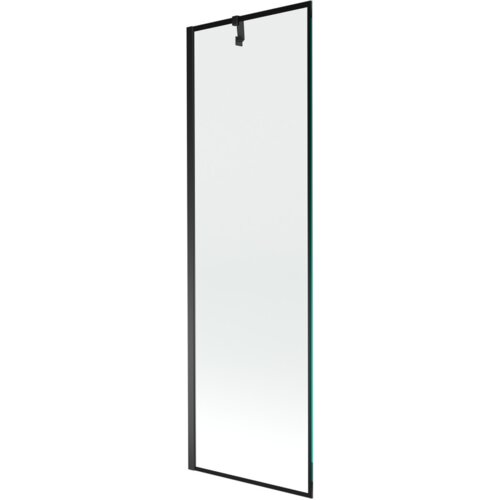 Prostokątny parawan nawannowy z przezroczystego szkła, otoczony czarną ramką, z widocznym uchwytem montażowym na górze. Produkt ma minimalistyczny design i jest przeznaczony do montażu na wannie.