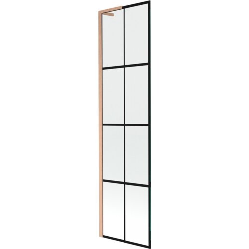 Jednoskrzydłowy parawan nawannowy o wymiarach 50 x 150 cm z czarną kratką i ramą w kolorze miedzi szczotkowanej. Produkt ma prostokątny kształt i jest podzielony na osiem równych sekcji przez czarne linie.