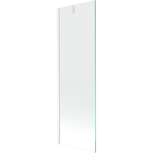 Przezroczysty parawan nawannowy o wymiarach 60 x 150 cm z białą ramą i jednym skrzydłem. Produkt jest prosty w formie, z widocznym uchwytem montażowym na górze.
