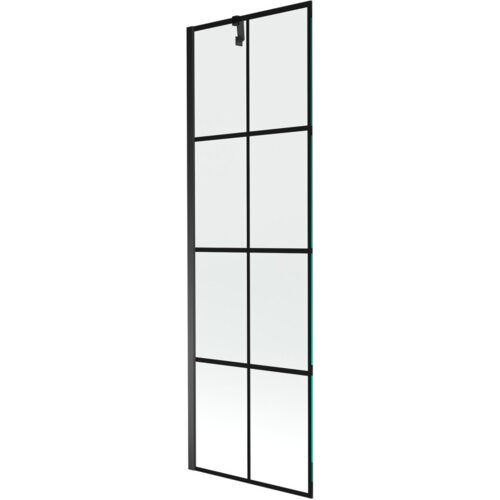 Jednoskrzydłowy parawan nawannowy z czarną kratką, wykonany ze szkła, o wymiarach 60 x 150 cm. Produkt ma prostokątny kształt i czarną ramę.