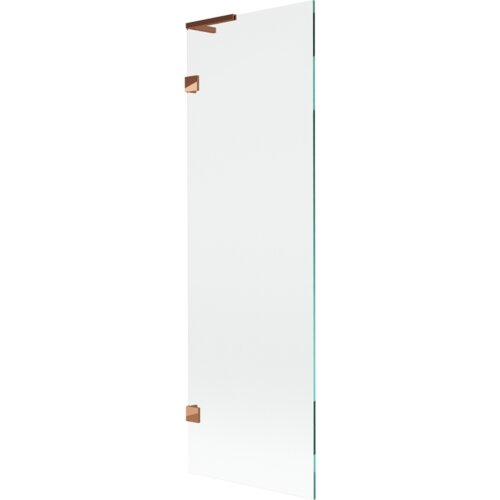 Przezroczysty parawan nawannowy z jednym skrzydłem, o wymiarach 60 x 150 cm, z elementami w kolorze różowego złota. Produkt ma prosty, nowoczesny design z widocznymi metalowymi uchwytami.