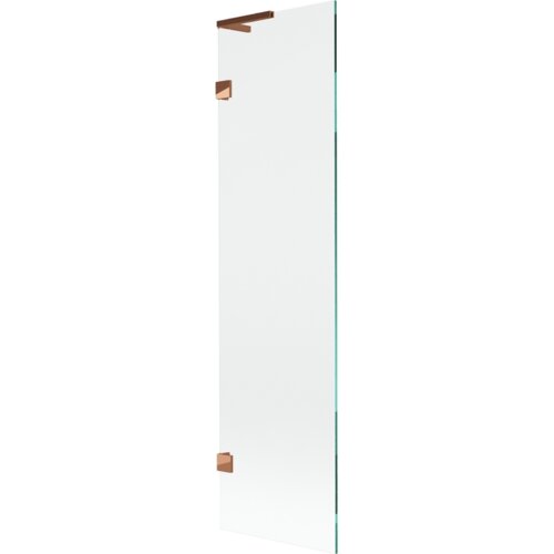 Przezroczysty parawan nawannowy z jednym skrzydłem, o wymiarach 50 x 150 cm, z elementami w kolorze różowego złota. Produkt ma prostokątny kształt i jest wykonany ze szkła.