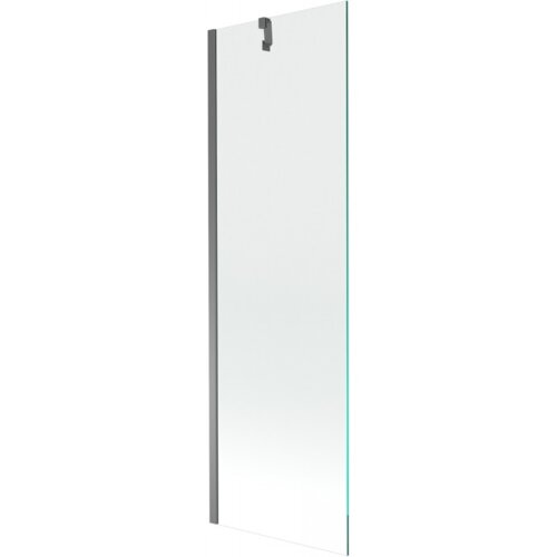 Przezroczysty parawan nawannowy z jednym skrzydłem, wykonany z materiału w kolorze gun metal, o wymiarach 60 x 150 cm. Produkt ma prostokątny kształt z metalowym uchwytem na górze.