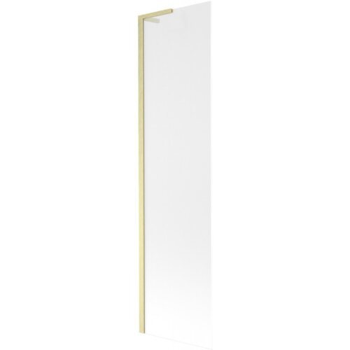 Przezroczysty parawan nawannowy z jednym skrzydłem, o matowej powierzchni, z ramą w kolorze złotym szczotkowanym. Produkt ma wymiary 50 x 150 cm.