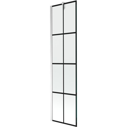 Jednoskrzydłowy parawan nawannowy o wymiarach 50 x 150 cm z czarną kratką i chromowanymi elementami. Produkt ma prostokątny kształt i jest podzielony na osiem równych sekcji przez czarne linie.