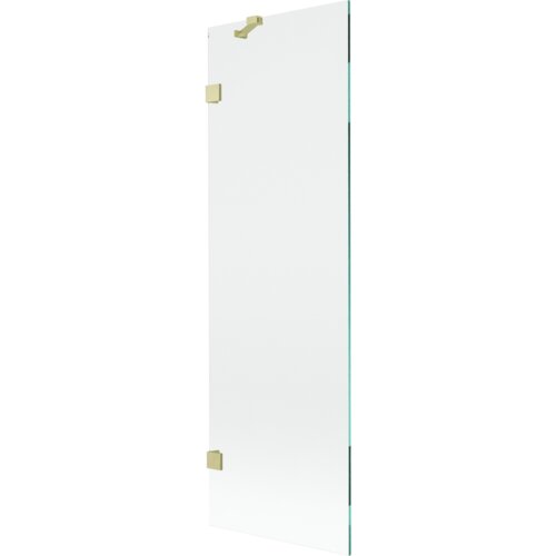 Przezroczysty parawan nawannowy z jednym skrzydłem, wyposażony w złote, szczotkowane zawiasy. Produkt ma prostokątny kształt i minimalistyczny design.