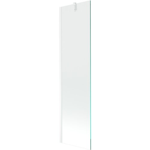 Przezroczysty, jednoskrzydłowy parawan nawannowy o wymiarach 50 x 150 cm z białymi elementami mocującymi. Produkt jest prosty w formie, z widocznym uchwytem montażowym na górze.