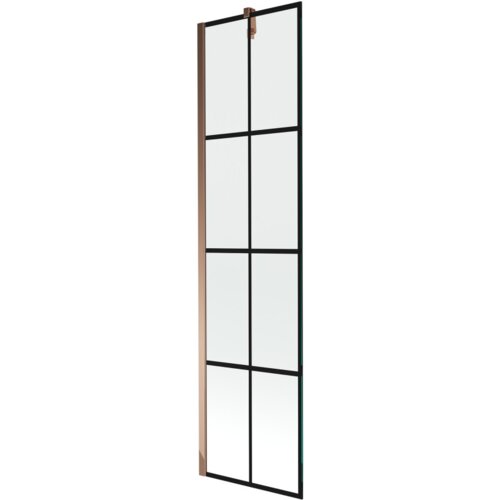 Jednoskrzydłowy parawan nawannowy o wymiarach 50 x 150 cm z czarną kratką i wykończeniem w kolorze różowego złota. Produkt ma prostokątny kształt i jest wykonany ze szkła z metalowymi elementami.