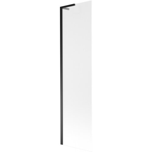 Przedstawiony jest pojedynczy, prostokątny parawan nawannowy o matowej powierzchni, z czarną ramą wzdłuż dwóch krawędzi. Produkt ma minimalistyczny design i jest przeznaczony do montażu na wannie.