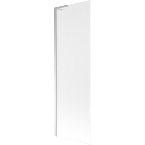 Przezroczysty parawan nawannowy o prostokątnym kształcie z chromowaną ramą i matowym wykończeniem. Produkt ma minimalistyczny design i jest jednoskrzydłowy.