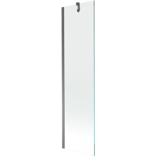 Przezroczysty parawan nawannowy o wymiarach 50 x 150 cm z metalowym uchwytem w kolorze gun metal. Produkt ma prostokątny kształt i jest wykonany z przezroczystego szkła.