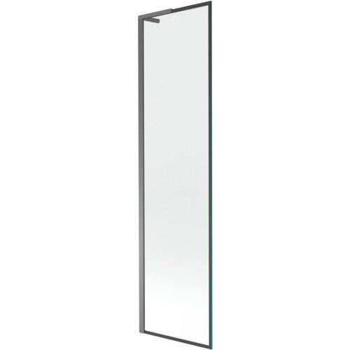 Na zdjęciu znajduje się prostokątny parawan nawannowy z przezroczystego szkła, otoczony czarną ramką. Produkt ma minimalistyczny design i jest przeznaczony do montażu na wannie.