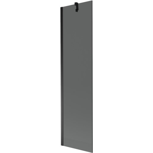 Grafitowy, jednoskrzydłowy parawan nawannowy o wymiarach 50 x 150 cm z czarnymi elementami montażowymi. Produkt ma prostokątny kształt i gładką powierzchnię.