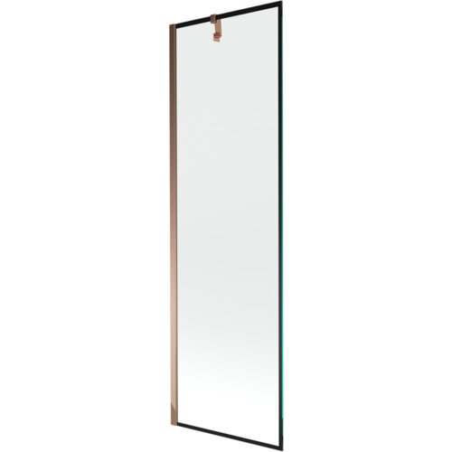 Przesłany obraz przedstawia jednoskrzydłowy parawan nawannowy o wymiarach 60 x 150 cm z czarną ramką i elementami w kolorze różowego złota. Produkt ma prostą, nowoczesną konstrukcję z przezroczystym szkłem.