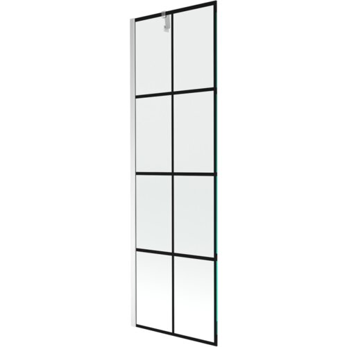 Na zdjęciu znajduje się parawan nawannowy o wymiarach 60 x 150 cm z czarną kratką i chromowanymi elementami. Produkt ma jednoskrzydłową konstrukcję z prostokątnymi panelami.