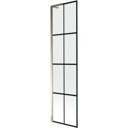 Jednoskrzydłowy parawan nawannowy o wymiarach 50 x 150 cm z czarną kratką i złotą ramą. Produkt ma prostokątny kształt i jest wykonany z przezroczystego szkła.