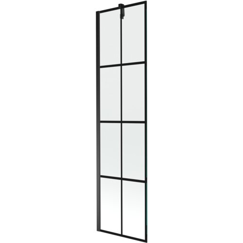 Na zdjęciu znajduje się jednoskrzydłowy parawan nawannowy z czarną kratką, o wymiarach 50 x 150 cm. Parawan ma prostokątny kształt i jest wykonany z przezroczystego szkła z czarnymi ramkami.