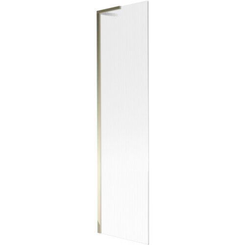 Przedstawiony jest parawan nawannowy o wymiarach 50 x 150 cm z prążkowanym wzorem i złotą ramą. Produkt to "Mexen Next L parawan nawannowy 1-skrzydłowy 50 x 150 cm, prążki, złoty - 895-050-000-03-09-50".