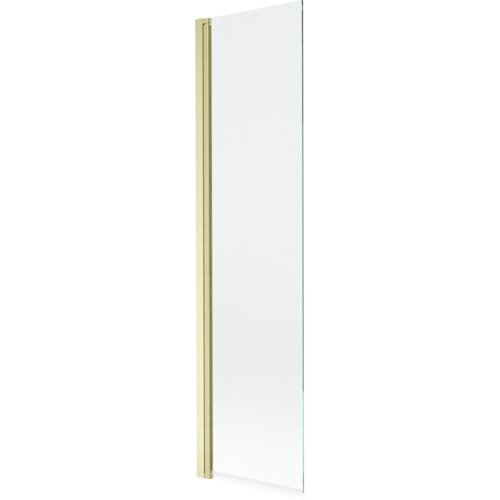 Przezroczysty parawan nawannowy z jednym skrzydłem, o złotym szczotkowanym wykończeniu, o wymiarach 50 x 150 cm. Produkt jest prosty i elegancki, z widoczną złotą ramą po jednej stronie.