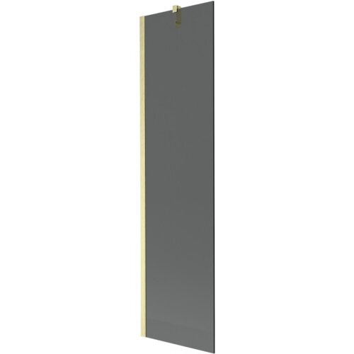 Przedstawiony jest parawan nawannowy o wymiarach 50 x 150 cm, w kolorze grafitowym z elementami w złotym szczotkowanym wykończeniu. Produkt ma prostokątny kształt i widoczny jest uchwyt montażowy na górze.