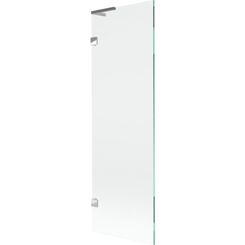 Przezroczysty parawan nawannowy z jednym skrzydłem, wykonany ze szkła, z chromowanymi elementami mocującymi. Produkt ma prostokątny kształt i minimalistyczny design.
