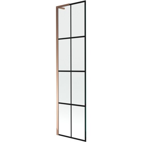 Jednoskrzydłowy parawan nawannowy o wymiarach 50 x 150 cm z czarną kratką i wykończeniem w kolorze różowego złota. Produkt ma prostokątny kształt i jest podzielony na osiem równych sekcji przez czarne linie.