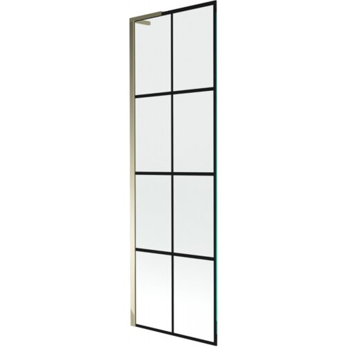 Jednoskrzydłowy parawan nawannowy z czarną kratką i złotą ramą, podzielony na osiem prostokątnych sekcji. Produkt ma minimalistyczny design i jest przeznaczony do montażu na wannie.
