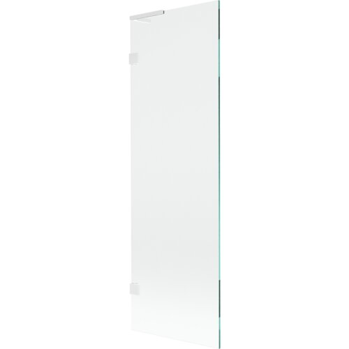 Przezroczysty, jednoskrzydłowy parawan nawannowy o wymiarach 60 x 150 cm z białymi elementami montażowymi. Produkt ma prosty, nowoczesny design z metalowym uchwytem na górze.