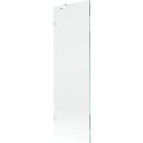 Przezroczysty, jednoskrzydłowy parawan nawannowy o wymiarach 60 x 150 cm z białymi elementami mocującymi. Produkt jest prosty i nowoczesny, wykonany z przezroczystego szkła.