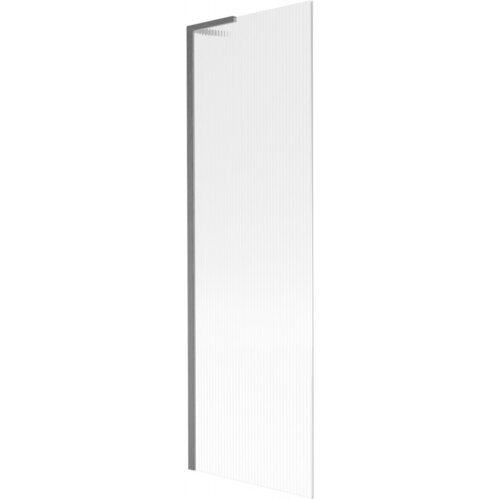 Przezroczysty parawan nawannowy z pionowymi prążkami, w metalowej, szczotkowanej ramie w kolorze gun gray. Produkt to "Mexen Next L parawan nawannowy 1-skrzydłowy 60 x 150 cm".