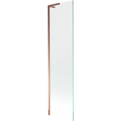 Przezroczysty parawan nawannowy o wymiarach 50 x 150 cm z różowozłotą ramą. Produkt ma prostą, nowoczesną formę i jednoskrzydłową konstrukcję.