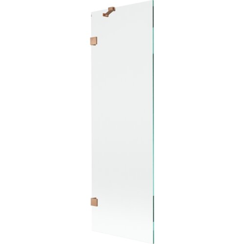Przeźroczysty parawan nawannowy z jednym skrzydłem, wykonany ze szkła, z miedzianymi, szczotkowanymi elementami mocującymi. Produkt o wymiarach 60 x 150 cm.