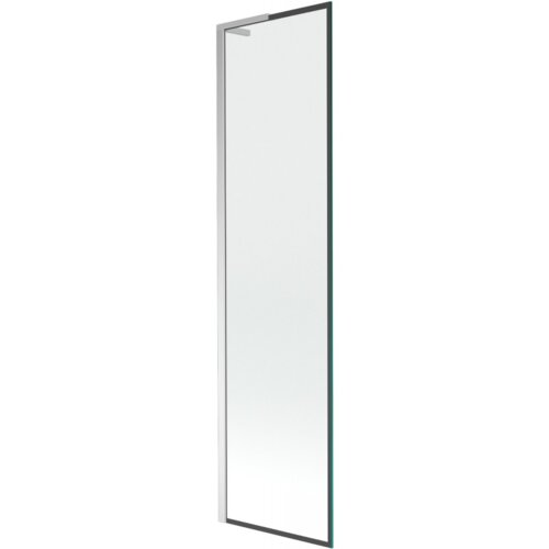 Przedstawiony jest prostokątny, jednoskrzydłowy parawan nawannowy z przezroczystego szkła, otoczony czarną ramką z chromowanymi elementami. Produkt ma minimalistyczny design i jest przeznaczony do montażu na wannie.