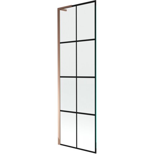 Jednoskrzydłowy parawan nawannowy o wymiarach 60 x 150 cm z czarną kratką i wykończeniem w kolorze różowego złota. Produkt ma prostokątny kształt z podziałem na osiem równych sekcji.