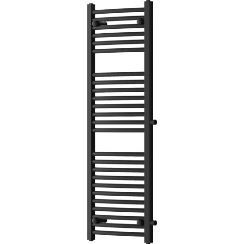 Czarny grzejnik łazienkowy o wymiarach 1200 x 400 mm z bocznymi podłączeniami, składający się z poziomych, równomiernie rozmieszczonych rurek. Produkt ma nowoczesny design i jest przeznaczony do montażu w łazience.