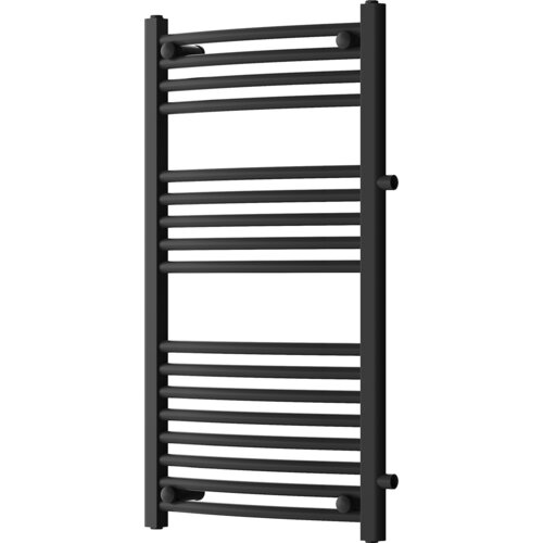 Czarny grzejnik łazienkowy z bocznymi rurkami, o wymiarach 900 x 500 mm, złożony z poziomych, równoległych prętów. Produkt ma prostokątny kształt i jest przeznaczony do montażu na ścianie.