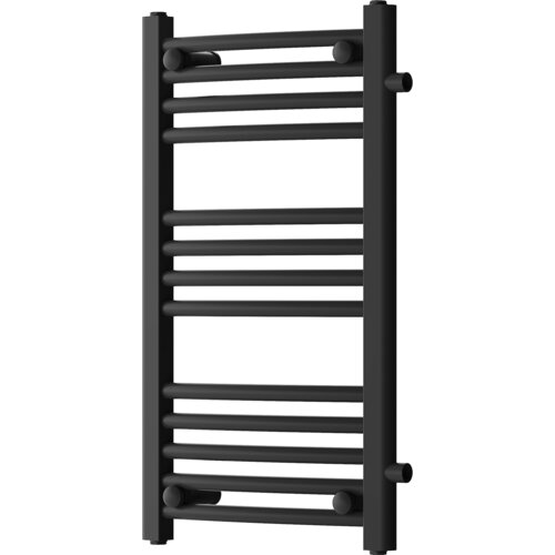 Czarny grzejnik łazienkowy z bocznymi rurkami, o wymiarach 700 x 400 mm, składający się z poziomych, równoległych prętów. Produkt ma prosty, nowoczesny design i jest przeznaczony do montażu na ścianie.