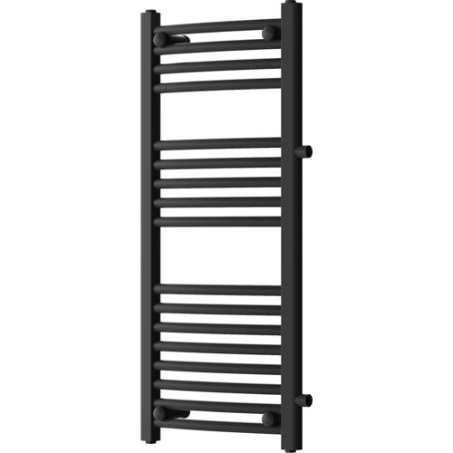 Czarny grzejnik łazienkowy z bocznymi podłączeniami, o wymiarach 900 x 400 mm, zbudowany z poziomych, równomiernie rozmieszczonych rurek. Produkt ma nowoczesny design i jest przeznaczony do montażu na ścianie.