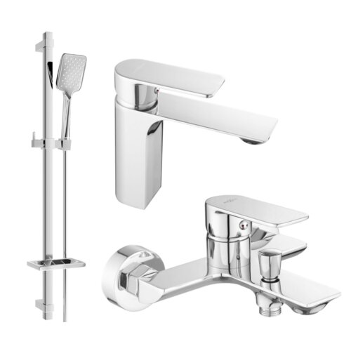 Na zdjęciu widoczny jest chromowany zestaw wannowy, składający się z baterii, słuchawki prysznicowej oraz uchwytu naściennego. Produkt ma nowoczesny design z prostymi liniami i gładką powierzchnią.
