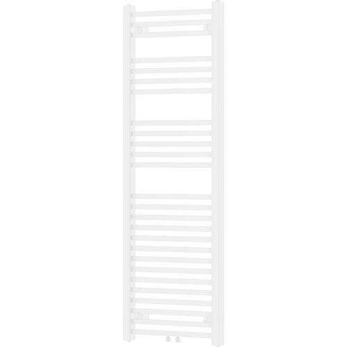 Biały grzejnik łazienkowy o prostokątnym kształcie, zbudowany z poziomych, równomiernie rozmieszczonych rurek. Produkt ma wymiary 1450 x 500 mm i moc 721 W.