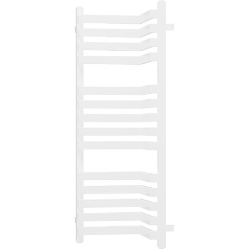 Biały grzejnik łazienkowy o prostokątnym kształcie z poziomymi, równomiernie rozmieszczonymi rurkami. Produkt ma nowoczesny design i jest przeznaczony do montażu na ścianie.