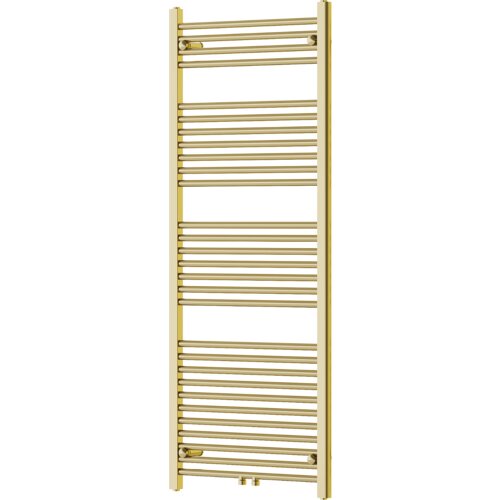 Złoty grzejnik łazienkowy o wymiarach 1500 x 600 mm z poziomymi rurkami i dwoma pionowymi kolektorami. Produkt ma moc 576 W i jest oznaczony jako model W110-1500-600-00-50.