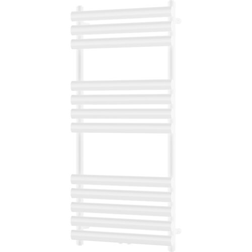 Biały grzejnik łazienkowy o wymiarach 1200 x 600 mm z poziomymi rurkami. Produkt ma moc 594 W i oznaczenie W107-1200-600-00-20.