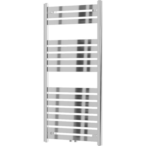 Chromowany grzejnik łazienkowy o wymiarach 1200 x 600 mm z poziomymi, płaskimi rurkami. Produkt ma moc 492 W i model oznaczony jako W105-1200-600-00-01.