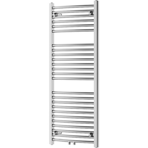 Na zdjęciu znajduje się chromowany grzejnik łazienkowy z poziomymi rurkami, o wymiarach 1200 x 500 mm. Produkt ma elegancki, nowoczesny wygląd i jest przeznaczony do montażu na ścianie.