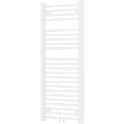 Biały grzejnik łazienkowy o wymiarach 1200 x 500 mm z poziomymi rurkami i dwoma zaworami u dołu. Produkt ma prosty, nowoczesny design.