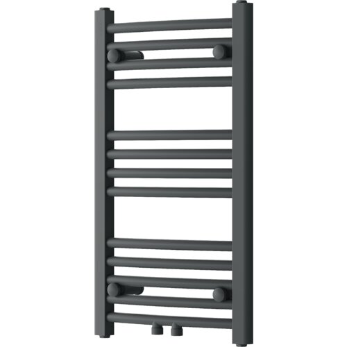 Grzejnik łazienkowy w kolorze antracytowym o wymiarach 700 x 400 mm, zbudowany z poziomych, równoległych rur połączonych z pionowymi belkami po bokach. Produkt ma moc 240 W i model oznaczony jako W102-0700-400-00-66.